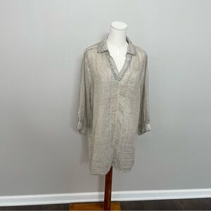 Karyn Seo Top Tunic Popover Art To Wear Abstract Flower Sheer Embroidered Taupe